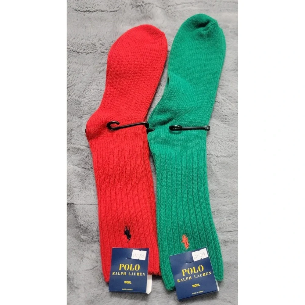 Polo Ralph Lauren Wool Socks Mens 10-13 Christmas Red Green Pony Crew 2 Pairs